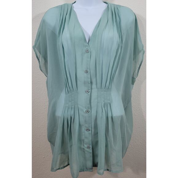 Abito Light Green Sheer Pleated Batwing Button Up Top XL Lightweight Flowy Soft - Picture 1 of 7